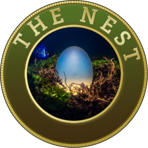 The Nest's logo, which is a green medallion with gold lettering on it saying "The nest".  At the center of the medallion, there is a blue dragon's egg inside a lush green dragon's nest.